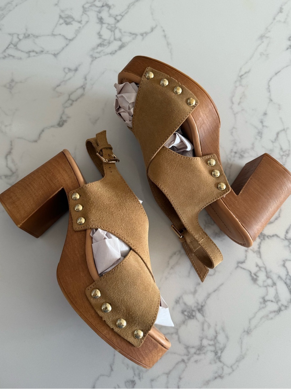 By Anthropologie Studded Wood-Bottom Platform Sandals - Cognac Crust - Size 41